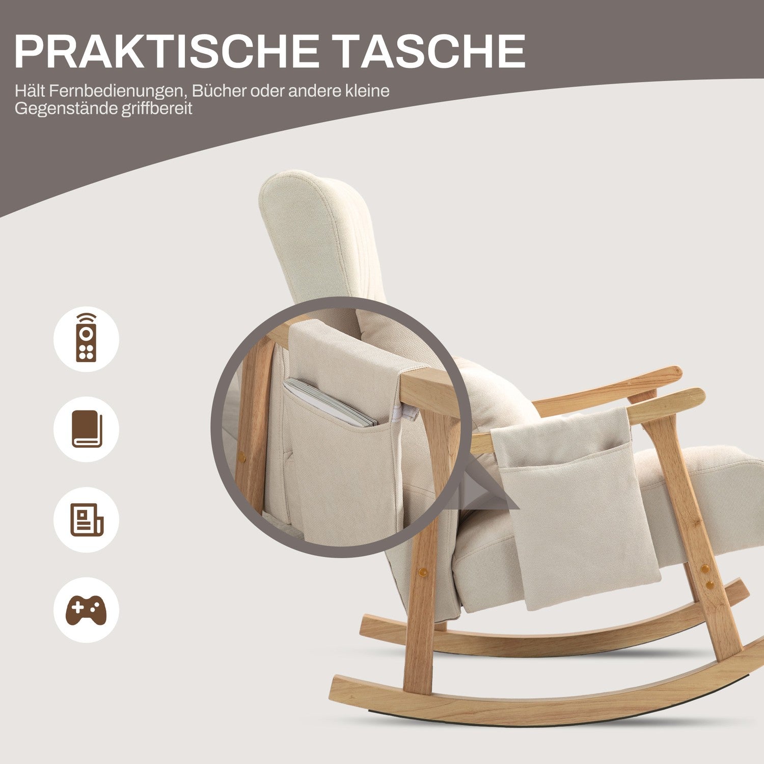 Beige gungstol i linne med svankkudde och ficka