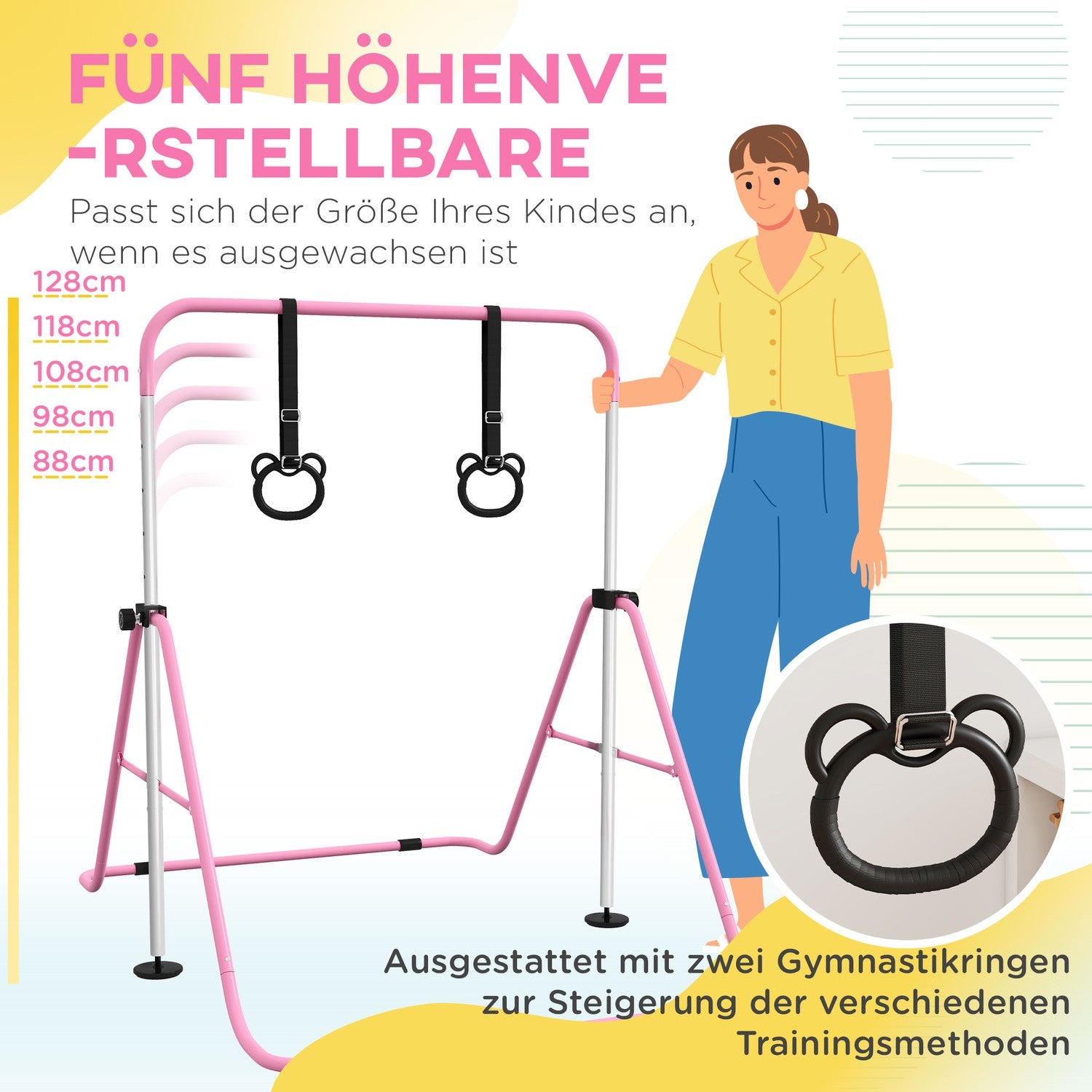 Gymnastikstång för barn, Justerbar, Rosa stål, 50 kg Kapacitet