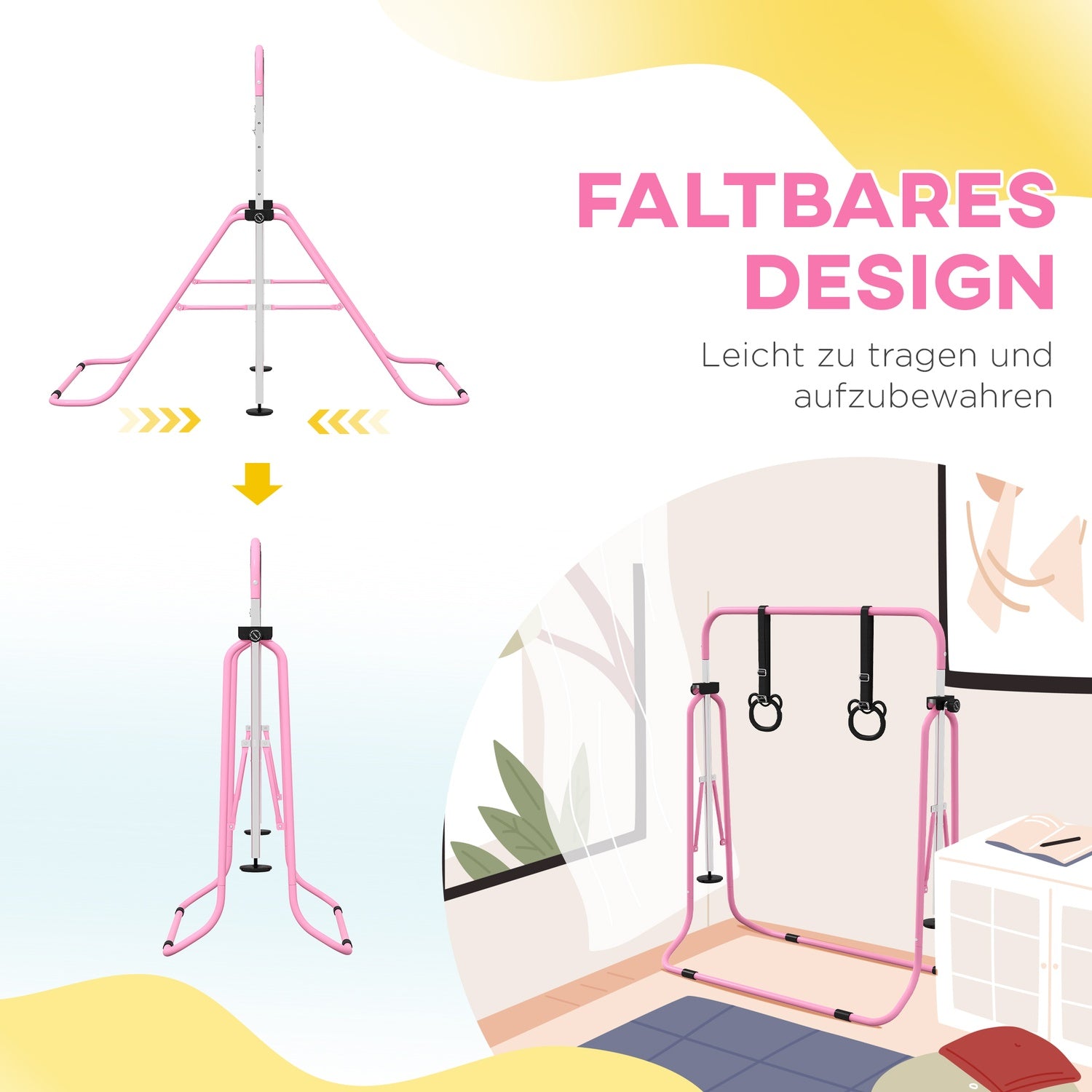 Gymnastikstång för barn, Justerbar, Rosa stål, 50 kg Kapacitet