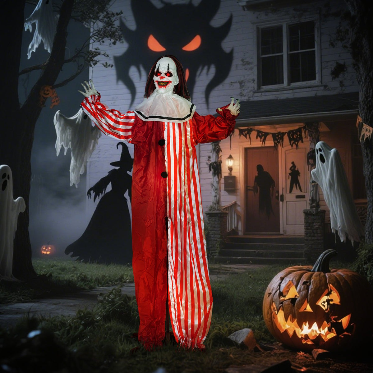 Halloweenská dekorace klaun, 165 cm, LED světla, zvukové efekty