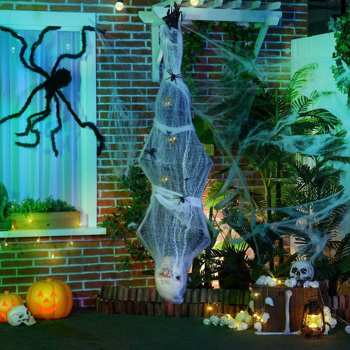 Závěsná halloweenská kostra mumie se svítícíma očima, 170 cm