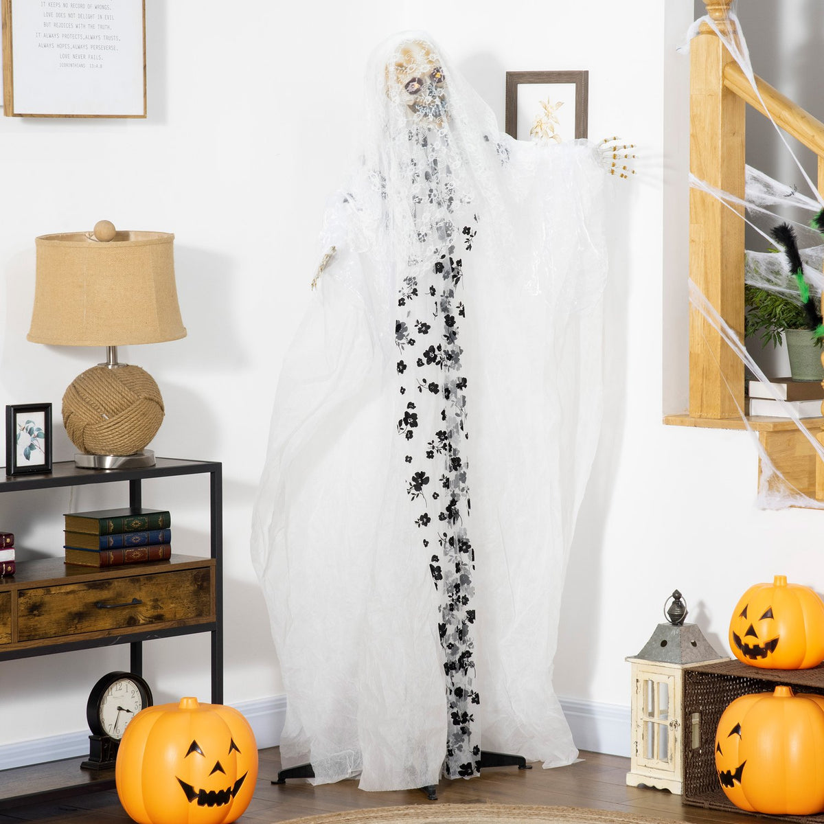 Závěsná halloweenská kostra nevěsty-ducha, 175 cm, svítící oči