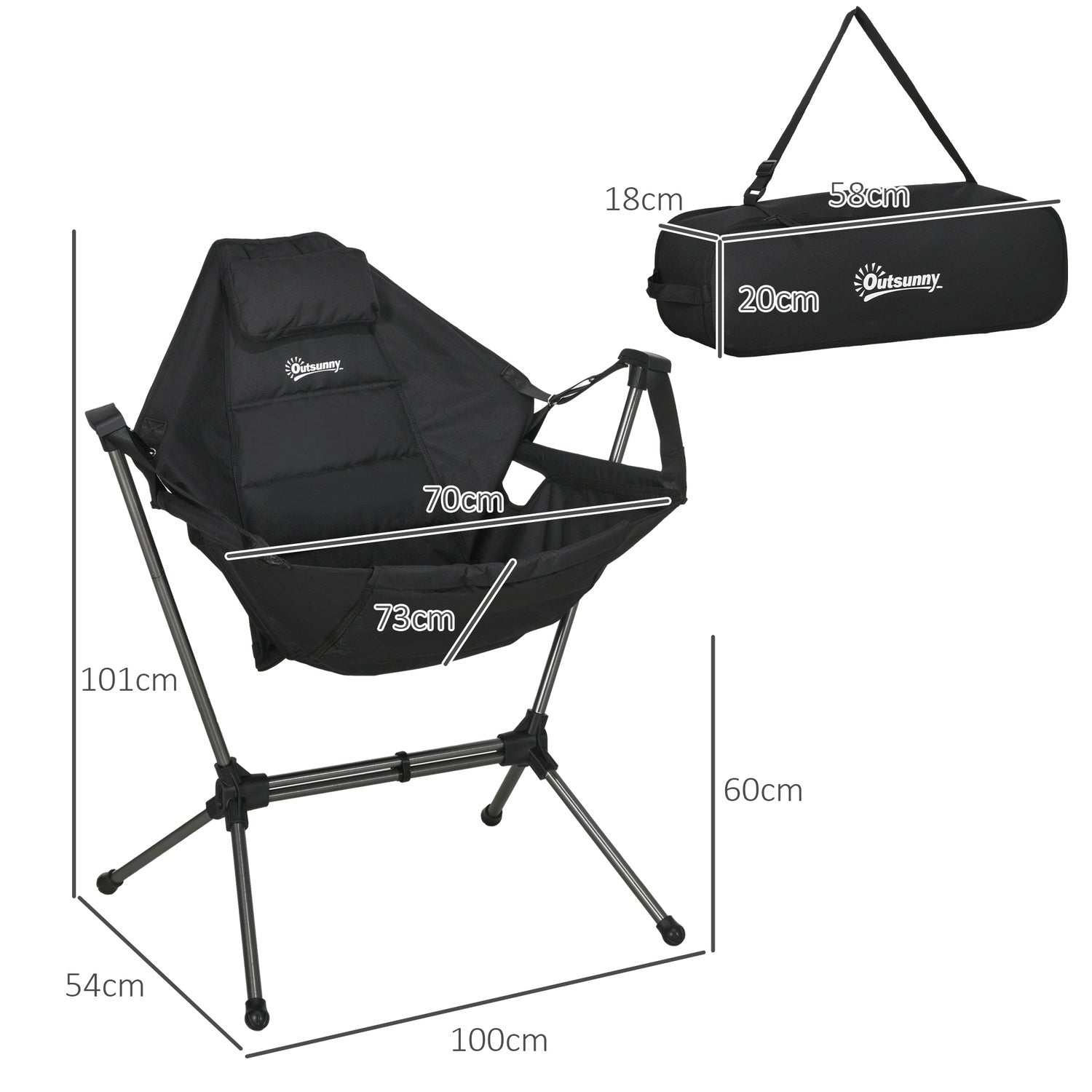 Vikbar hängmatta campingstol, svart, stödjer 120 kg