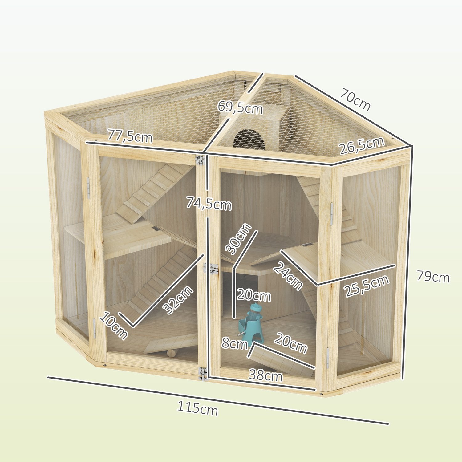 Hamsterbur i trä med ramp och hyddor, 4 nivåer