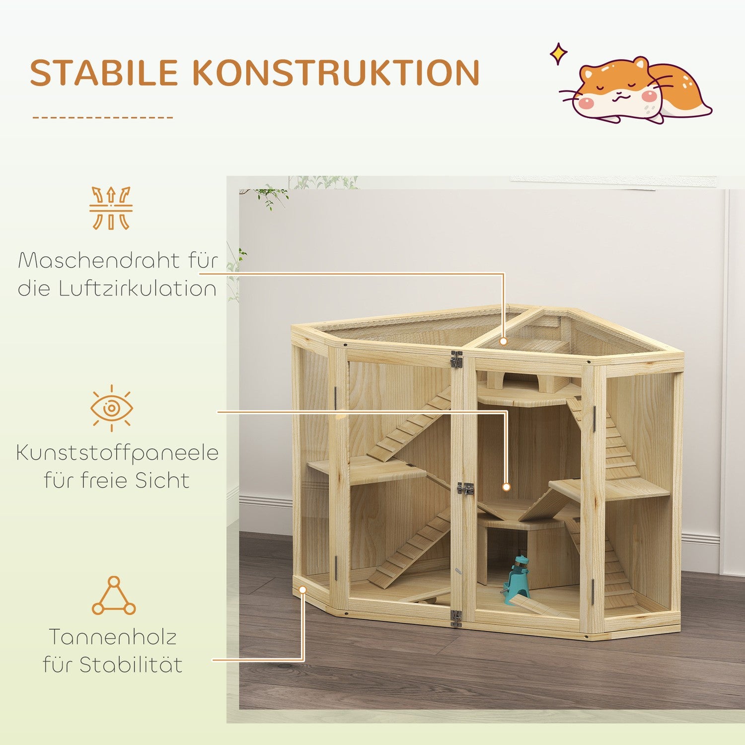 Hamsterbur i trä med ramp och hyddor, 4 nivåer