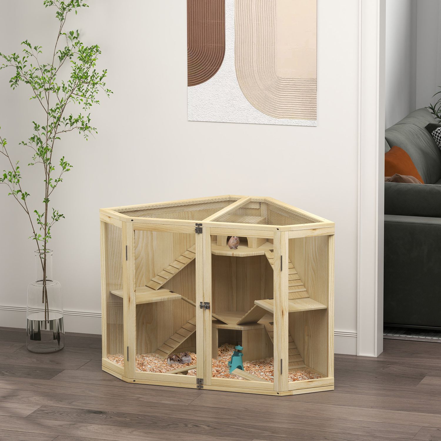 Hamsterbur i trä med ramp och hyddor, 4 nivåer