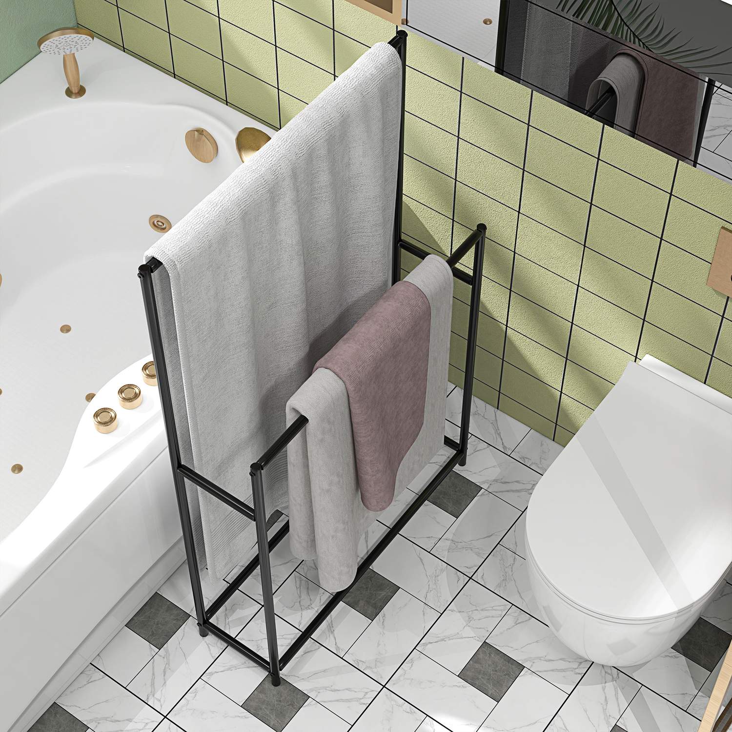 Fristående handduksställ i svart metall, 2 skenor, badrum