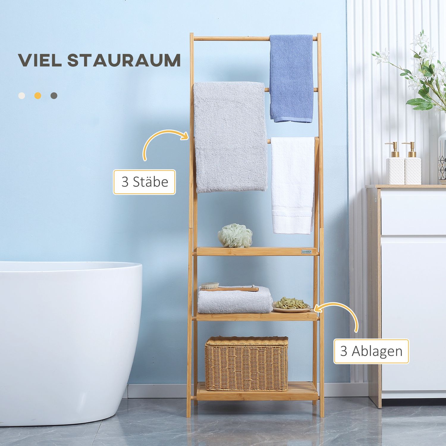 Vikbar bambu handdukshängare med 3 barer och hyllor