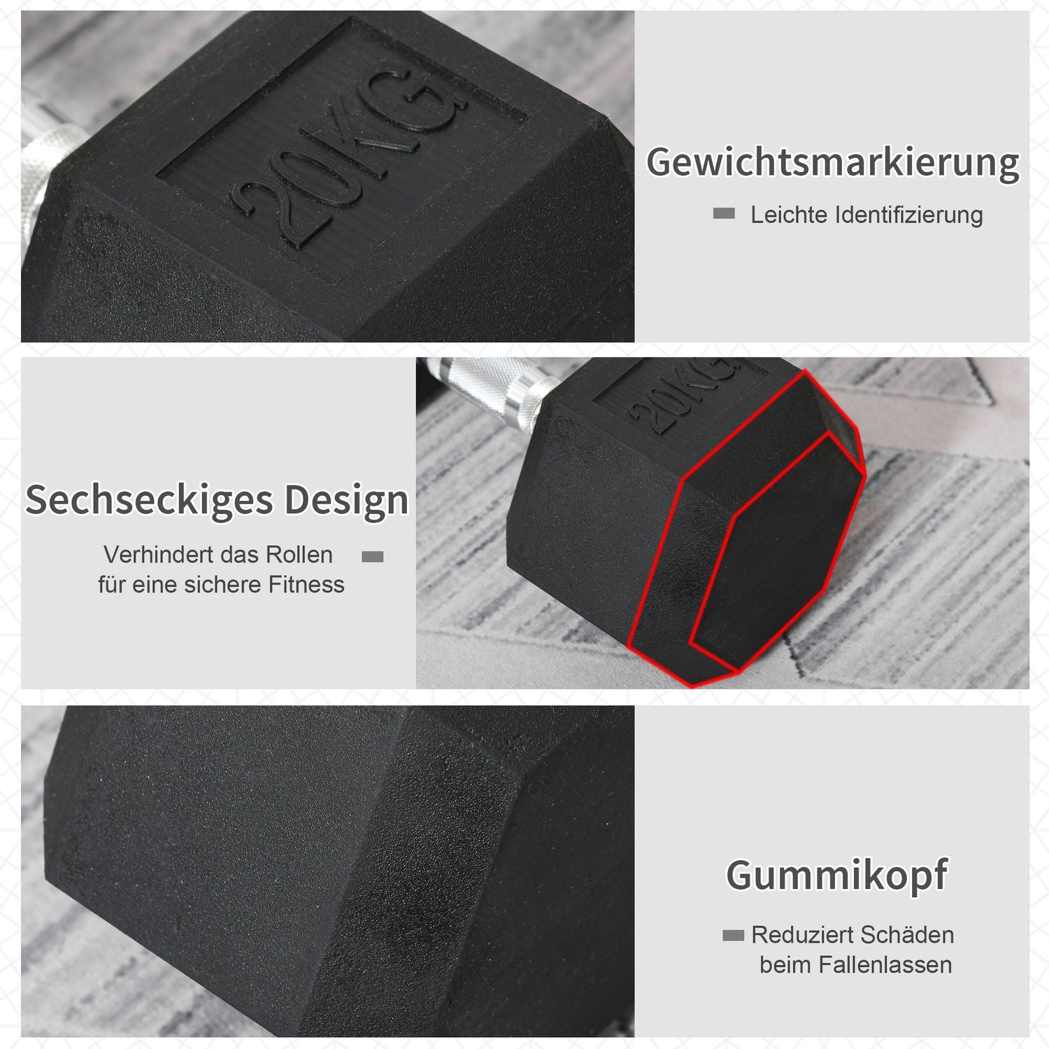 Hexagon gjutjärnshantel, 20 kg, gummibelagd, svart