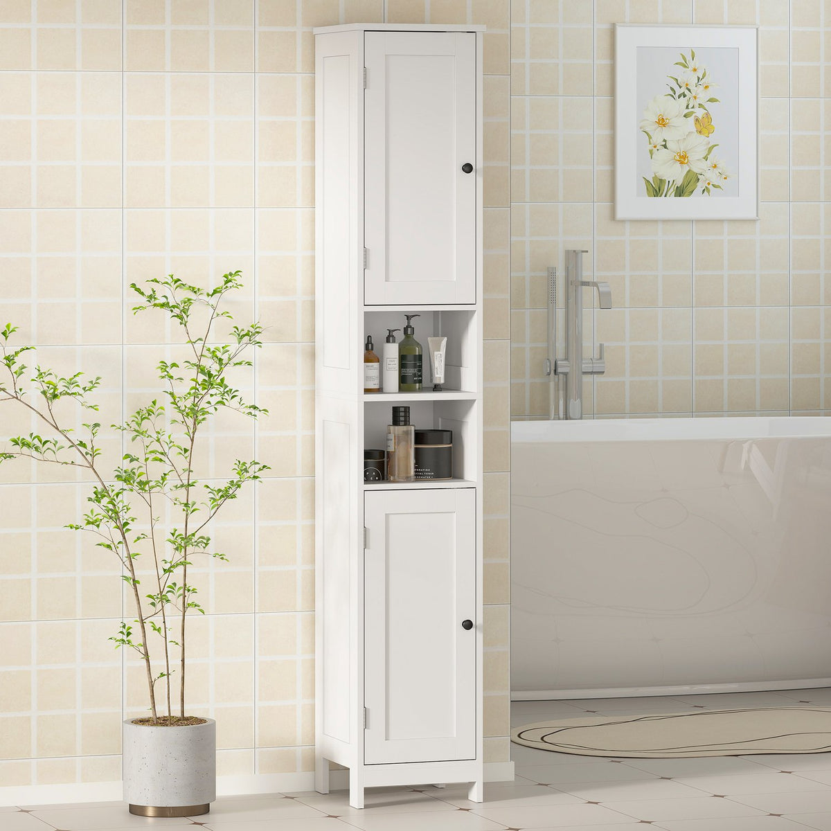 Hoge badkamerkast met deuren, open planken, wit, 170 cm