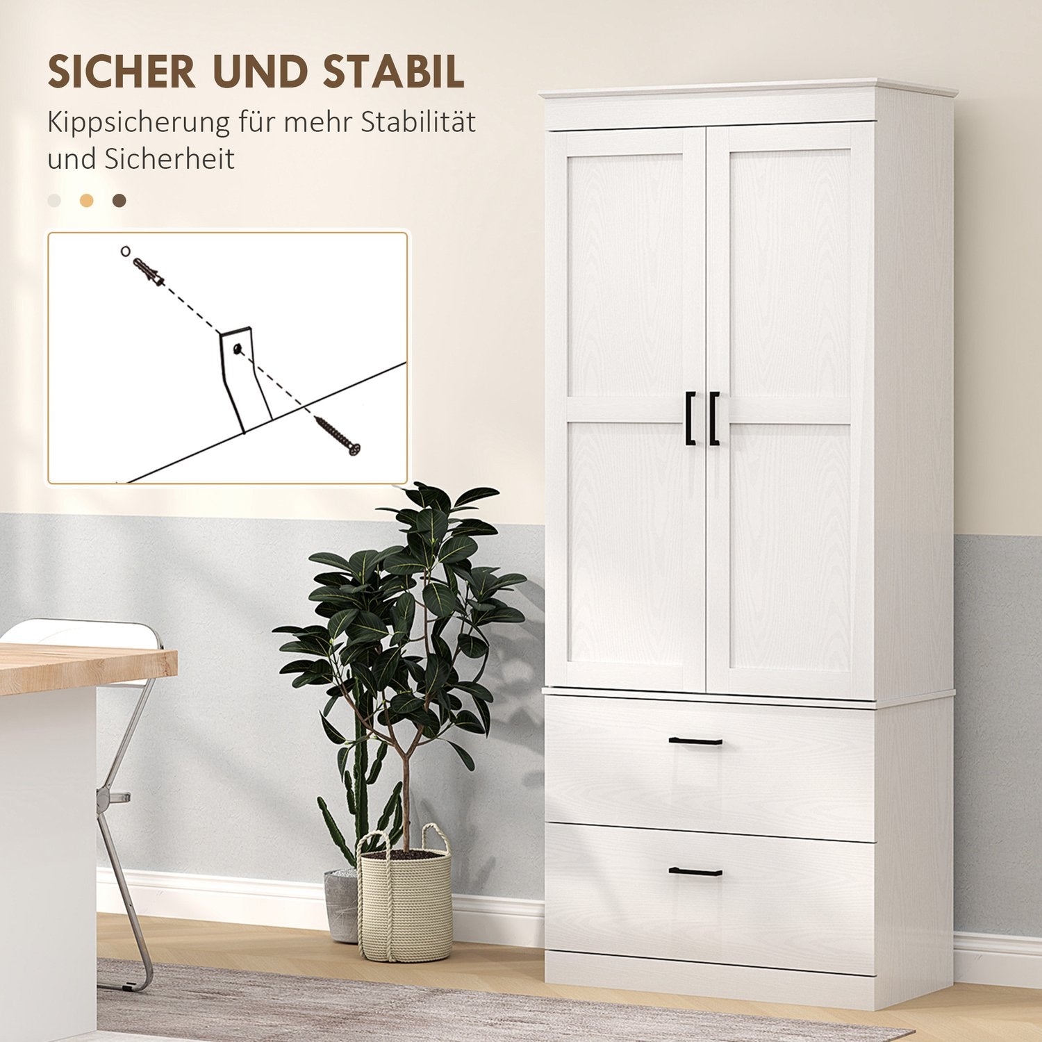 Högt köksbufféskåp, ställbara hyllor, gräddvit