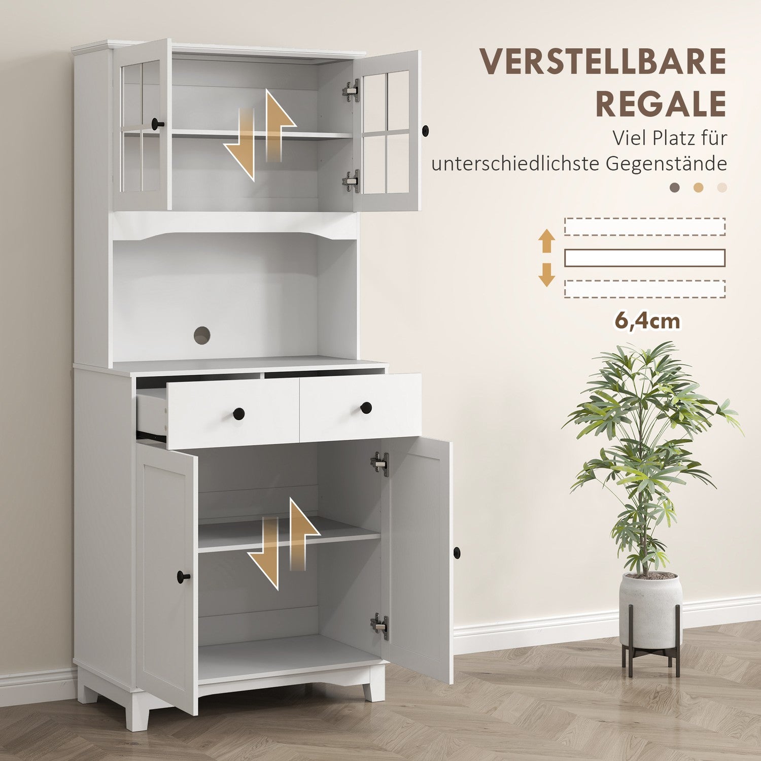 Högt vitt köksbufféskåp, ställbara hyllplan, 170 cm