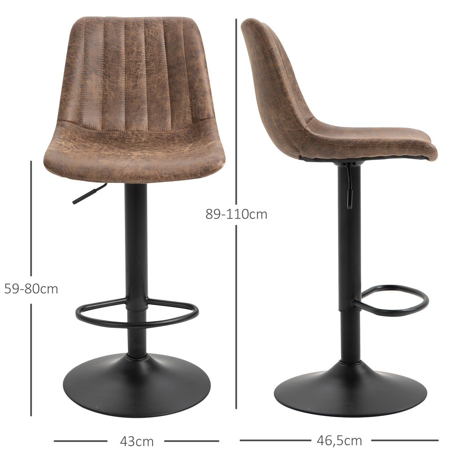 Höjdjusterbara bruna barstolar, set om 2, polyester
