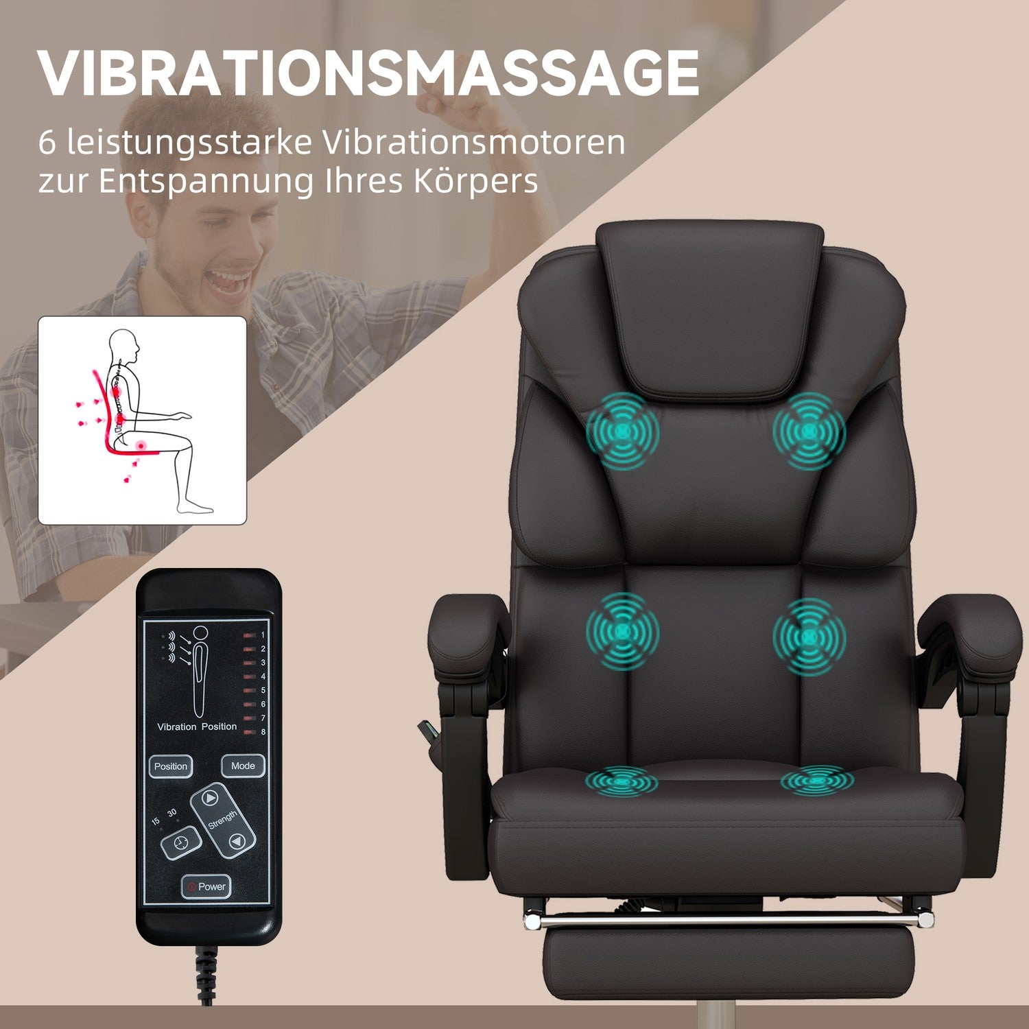 Ergonomisk brun kontorsstol med massage, 120 kg kapacitet