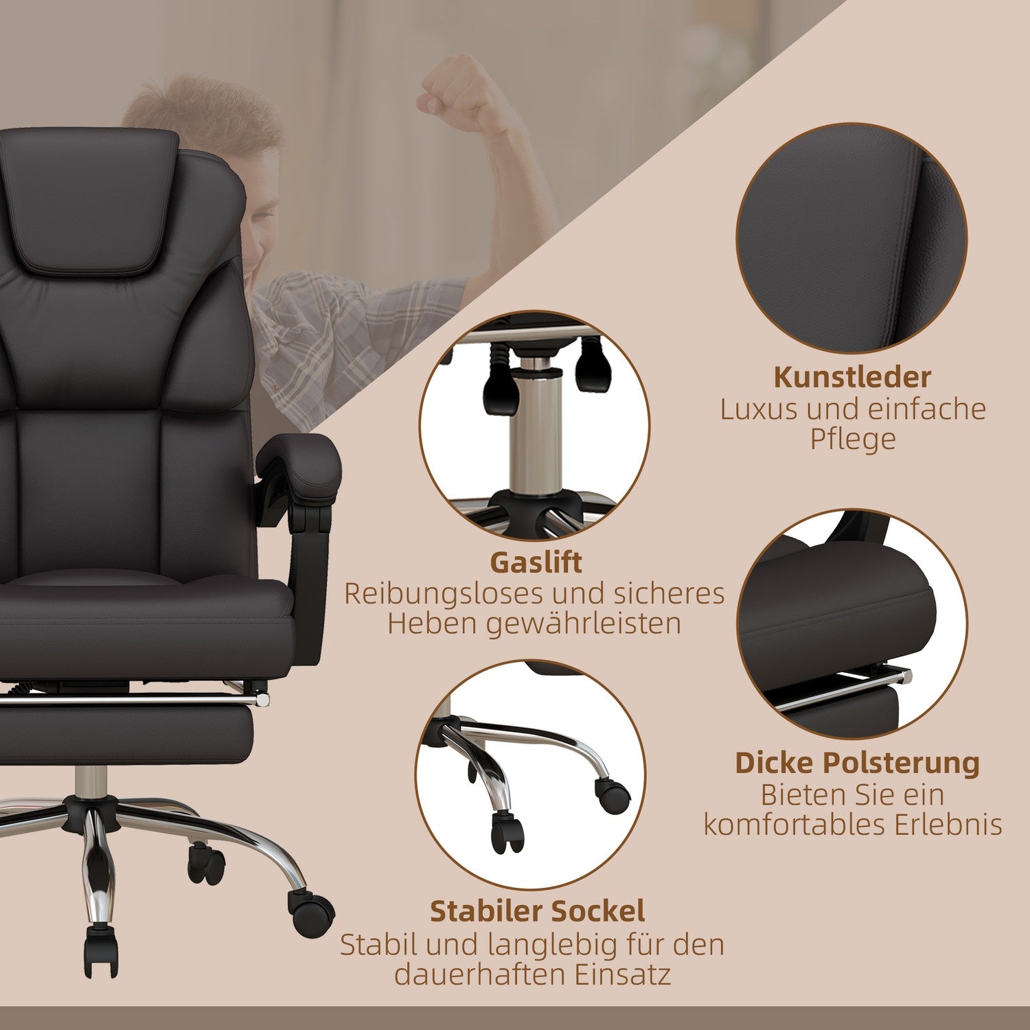 Ergonomisk brun kontorsstol med massage, 120 kg kapacitet