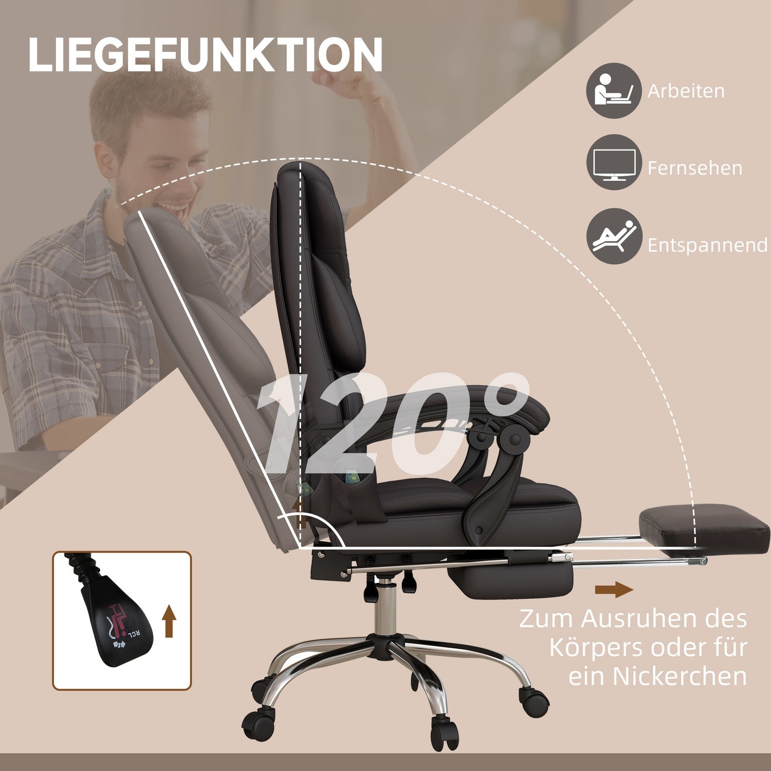Ergonomisk brun kontorsstol med massage, 120 kg kapacitet