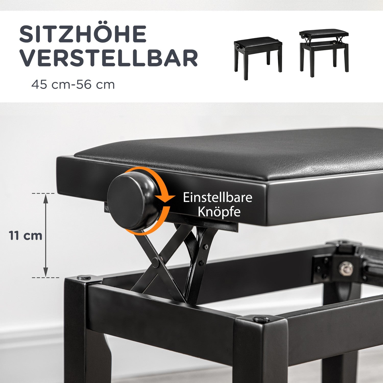Höjdjusterbar pianobänk med läderkudde, svart