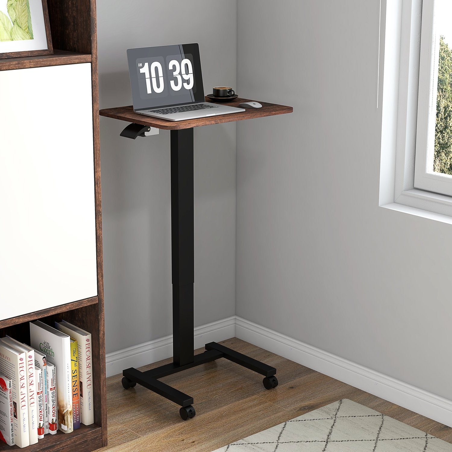 Höjdjusterbar bärbar dator, rustik brun, hjul och broms