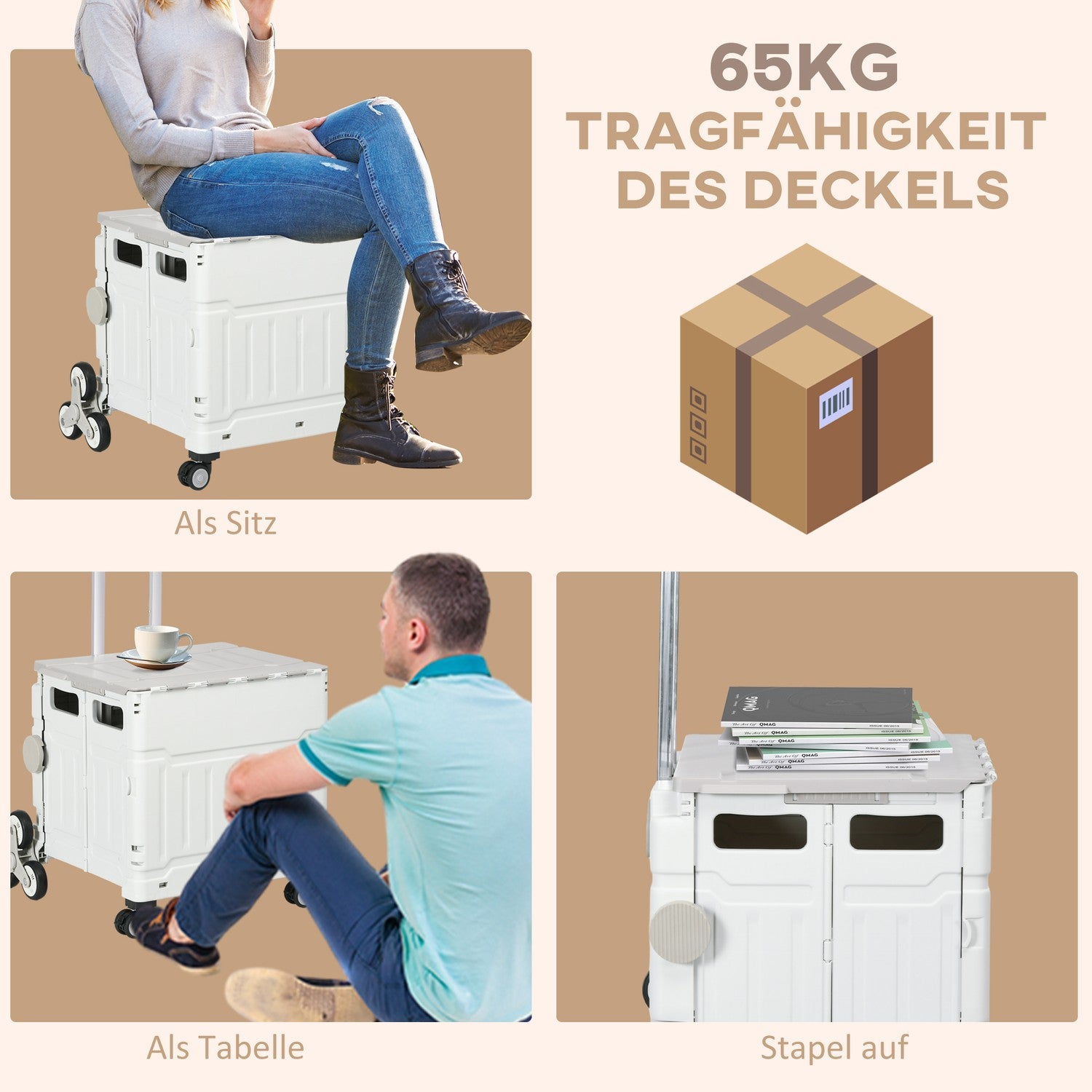 Fällbar shoppingvagn, teleskophandtag, trappklättring, 80 kg kapacitet, vit