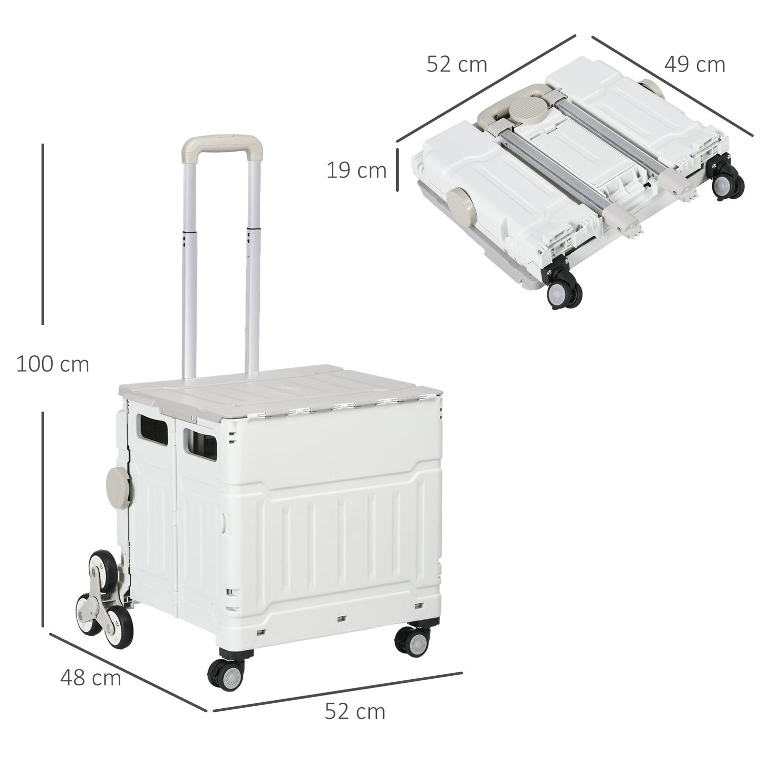 Fällbar shoppingvagn, teleskophandtag, trappklättring, 80 kg kapacitet, vit