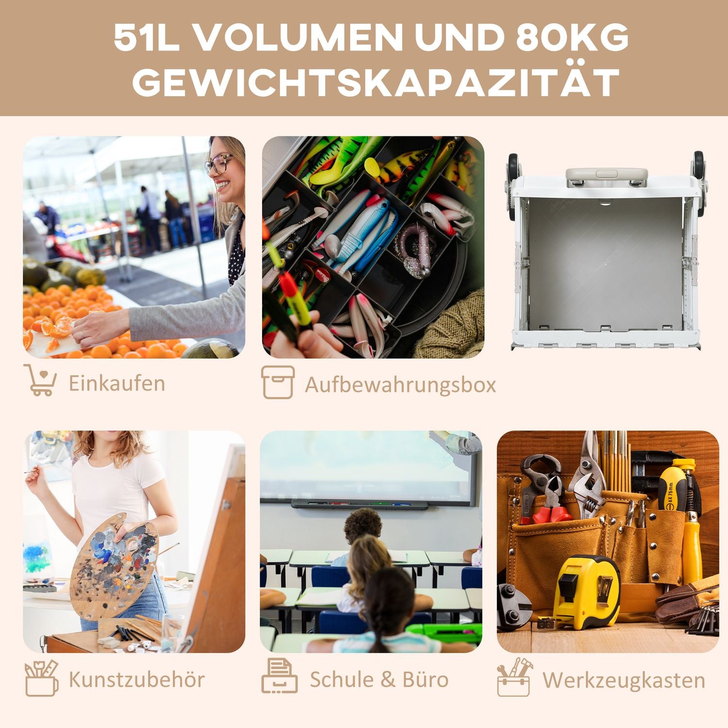 Fällbar shoppingvagn, teleskophandtag, trappklättring, 80 kg kapacitet, vit