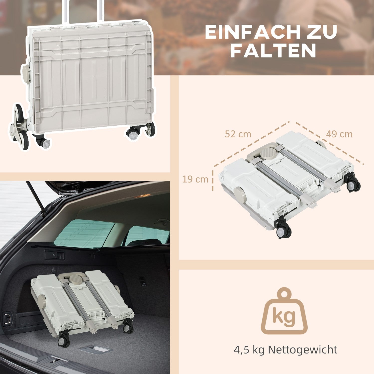 Fällbar shoppingvagn, teleskophandtag, trappklättring, 80 kg kapacitet, vit