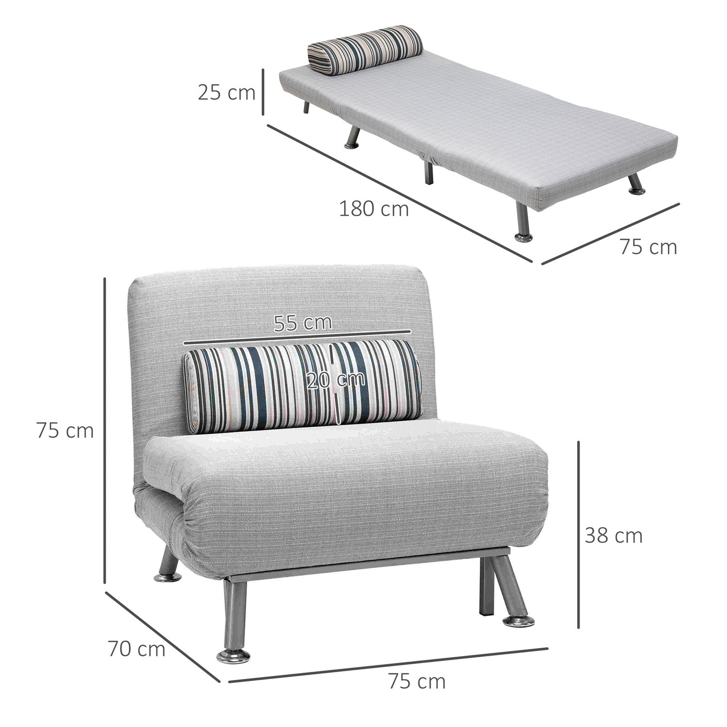 Hopfällbar grå metall bäddsoffa – Kompakt 75 x 70 x 75 cm