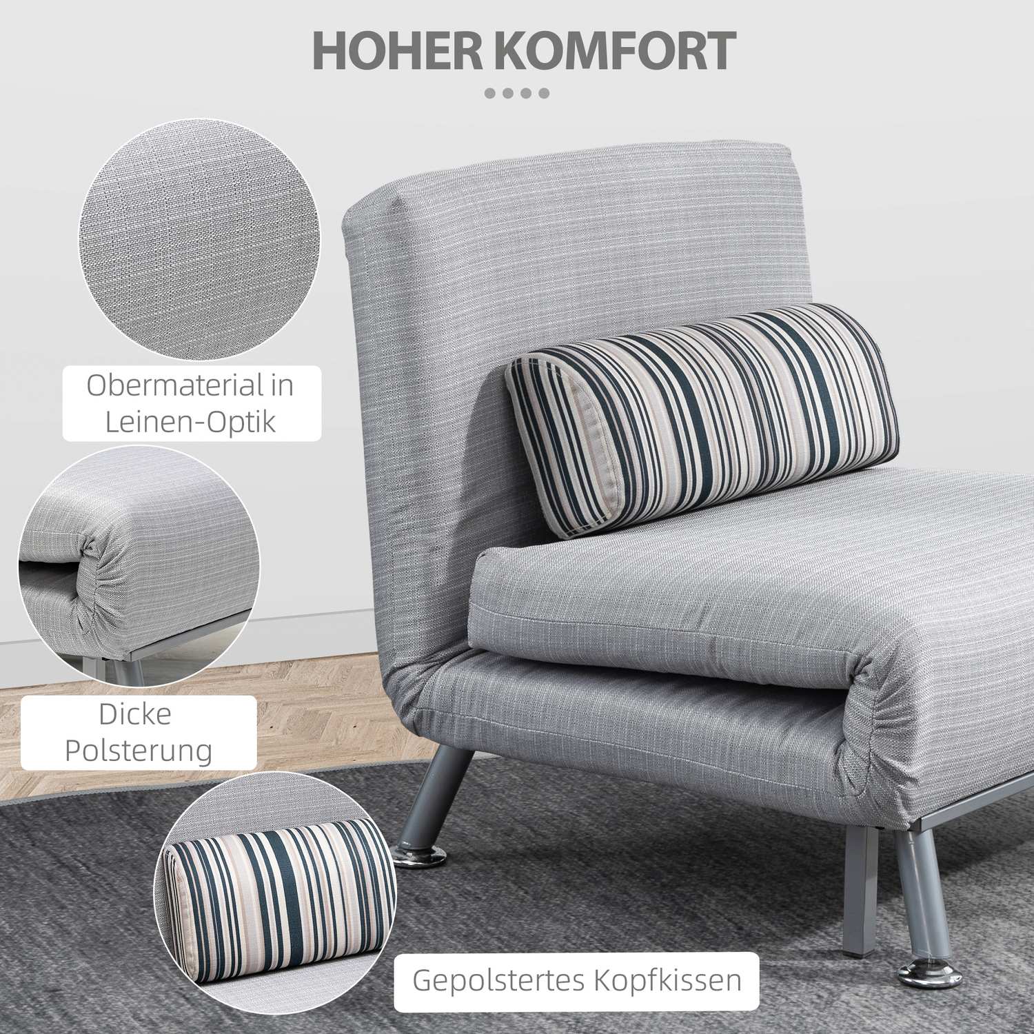 Hopfällbar grå metall bäddsoffa – Kompakt 75 x 70 x 75 cm
