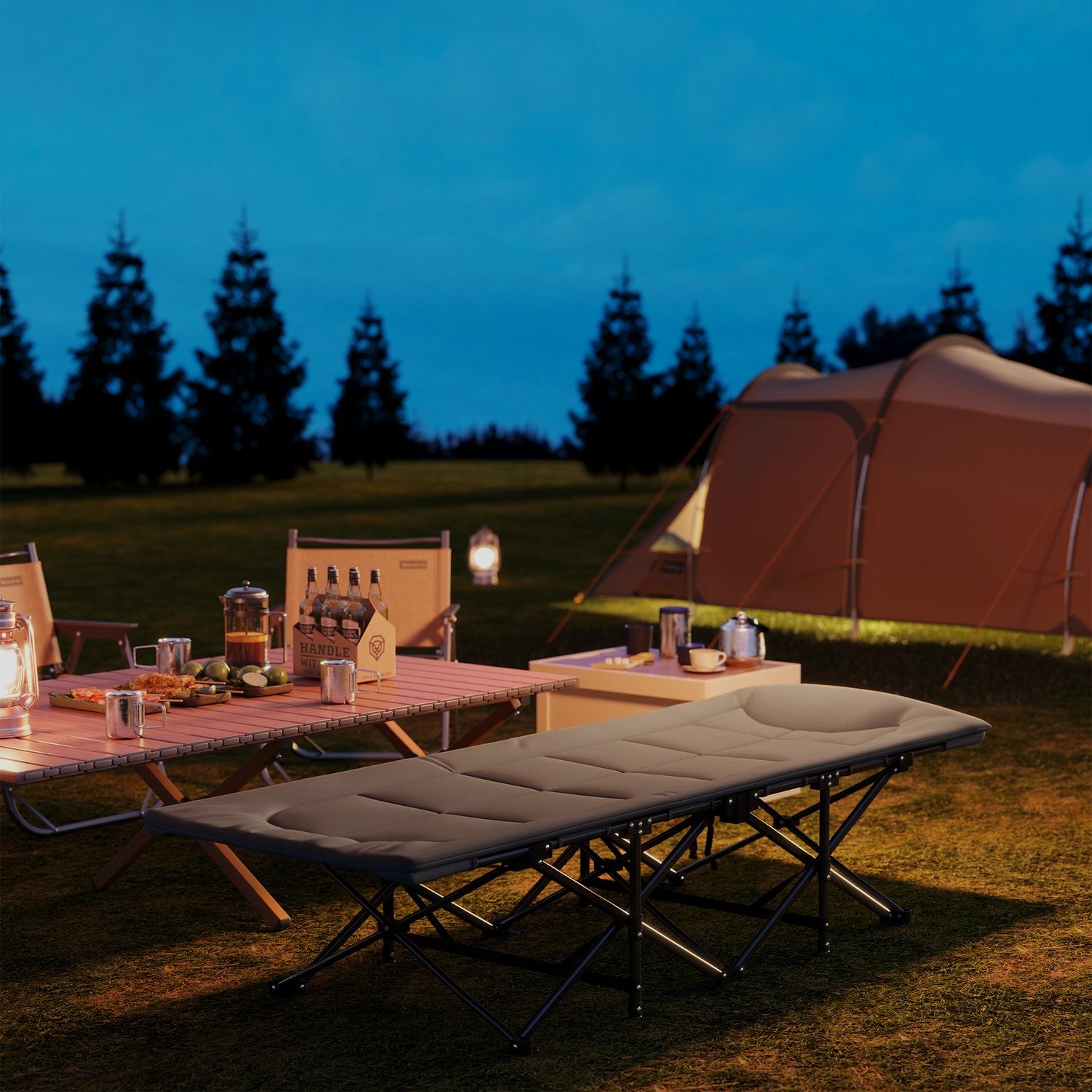 Hopfällbar campingsäng med madrass, kudde & ficka – Grå