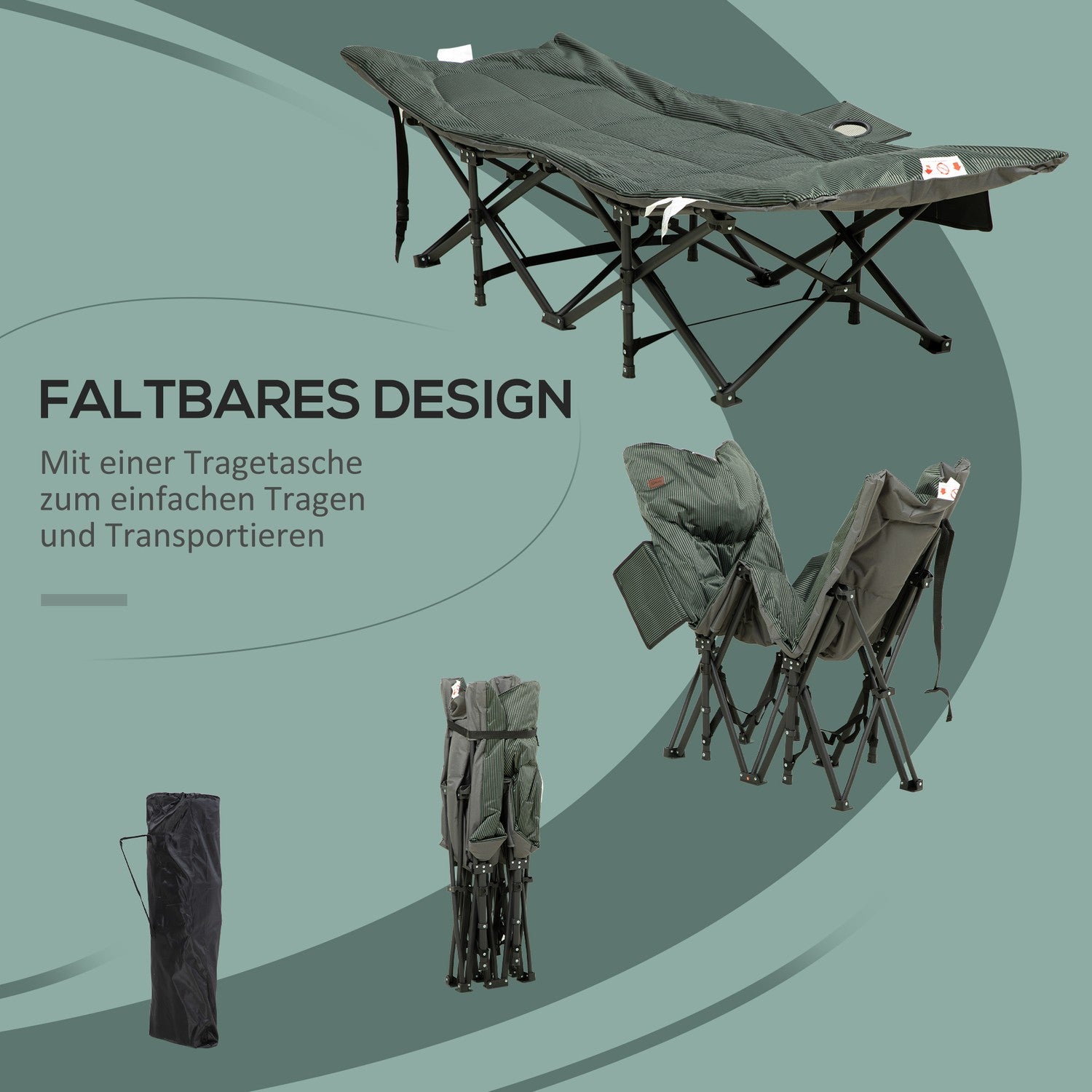 Hopfällbar campingsäng med väska, grå, stöder 120 kg