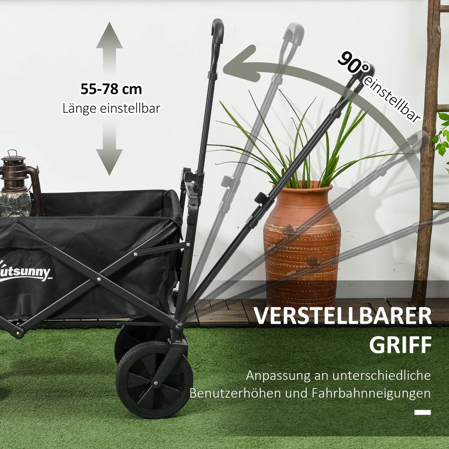 Hopfällbar handkärra med solskydd, 110 kg last, svart