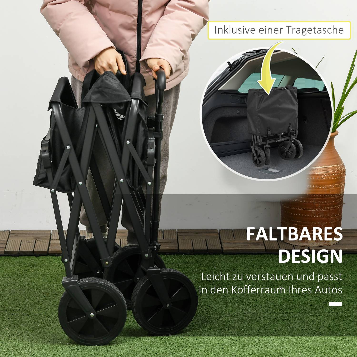 Hopfällbar handkärra med solskydd, 110 kg last, svart