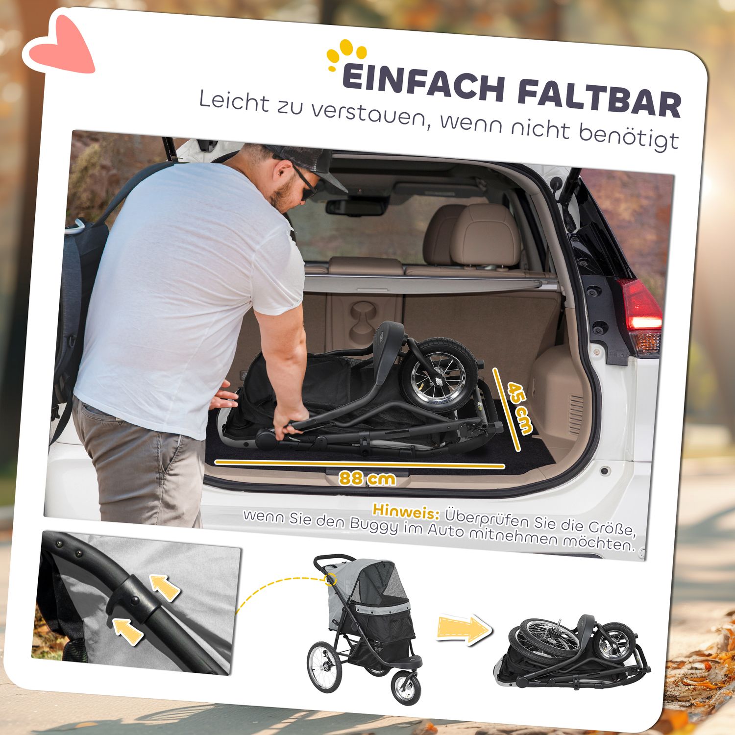 Hopfällbar hund- och kattvagn, 3-hjulig, upp till 10 kg, grå