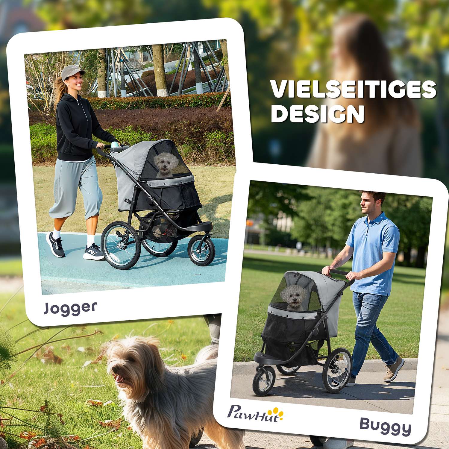 Hopfällbar hund- och kattvagn, 3-hjulig, upp till 10 kg, grå
