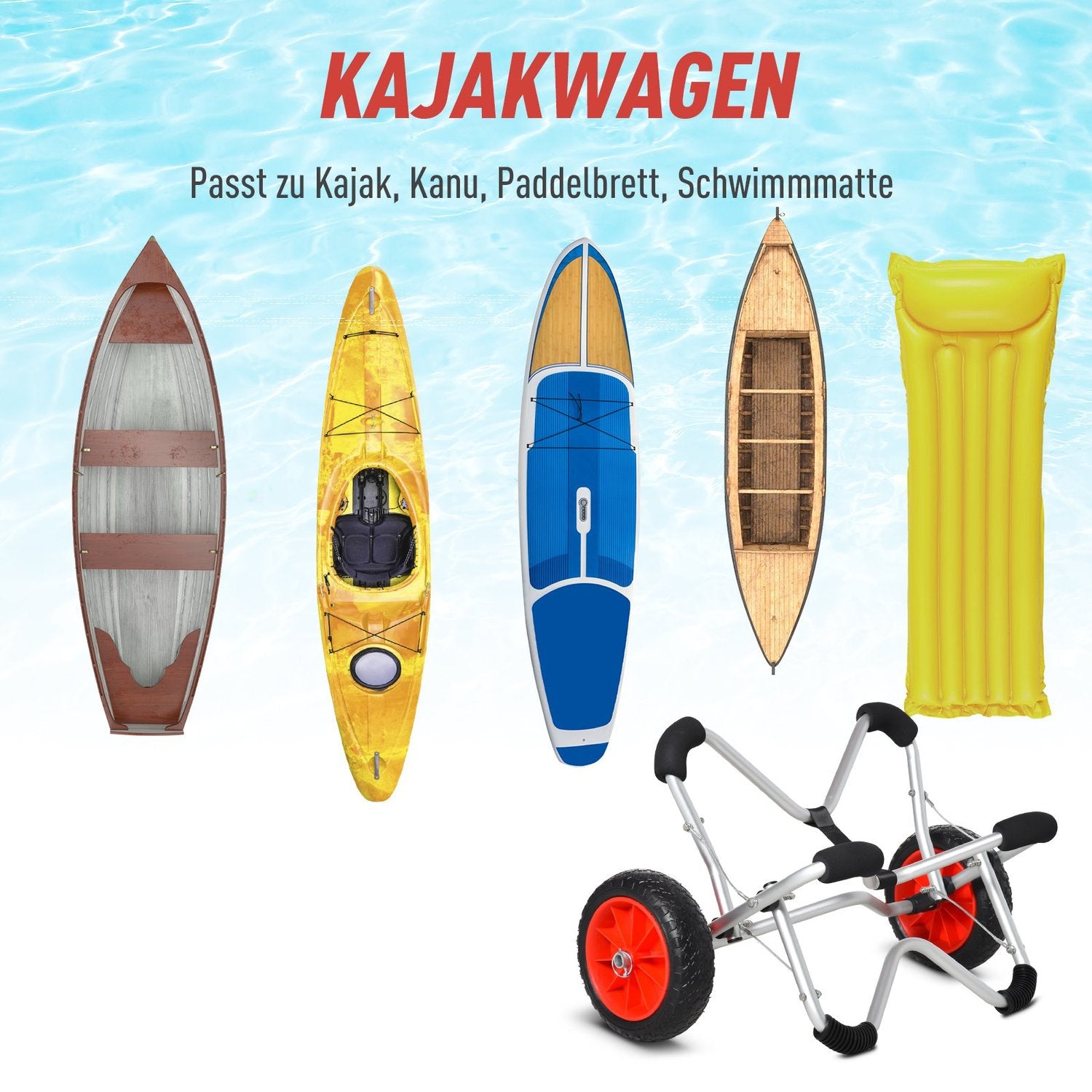 Hopfällbar kajakvagn i aluminium med PU-däck, 75 kg kapacitet