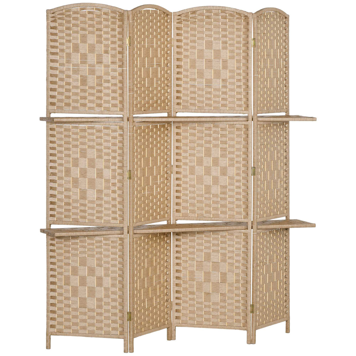 Opvouwbare kamerscherm met 4 panelen en planken, naturel hout