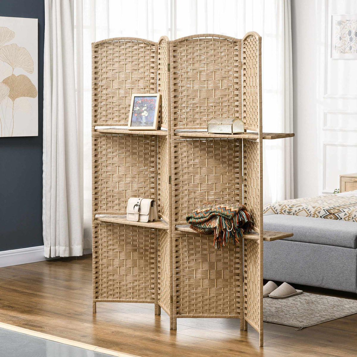 Opvouwbare kamerscherm met 4 panelen en planken, naturel hout