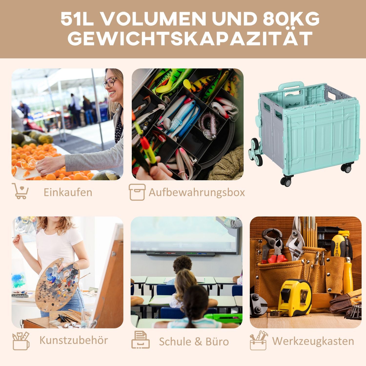 Hopfällbar shoppingvagn – 80 kg kapacitet, teleskophandtag