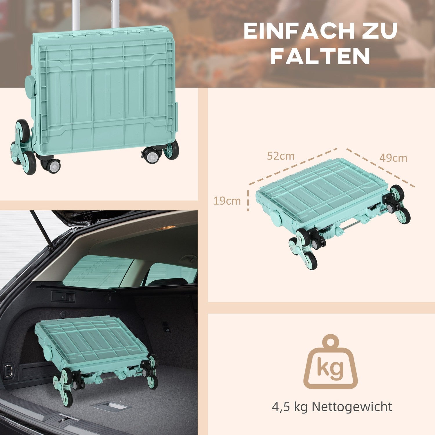 Hopfällbar shoppingvagn – 80 kg kapacitet, teleskophandtag