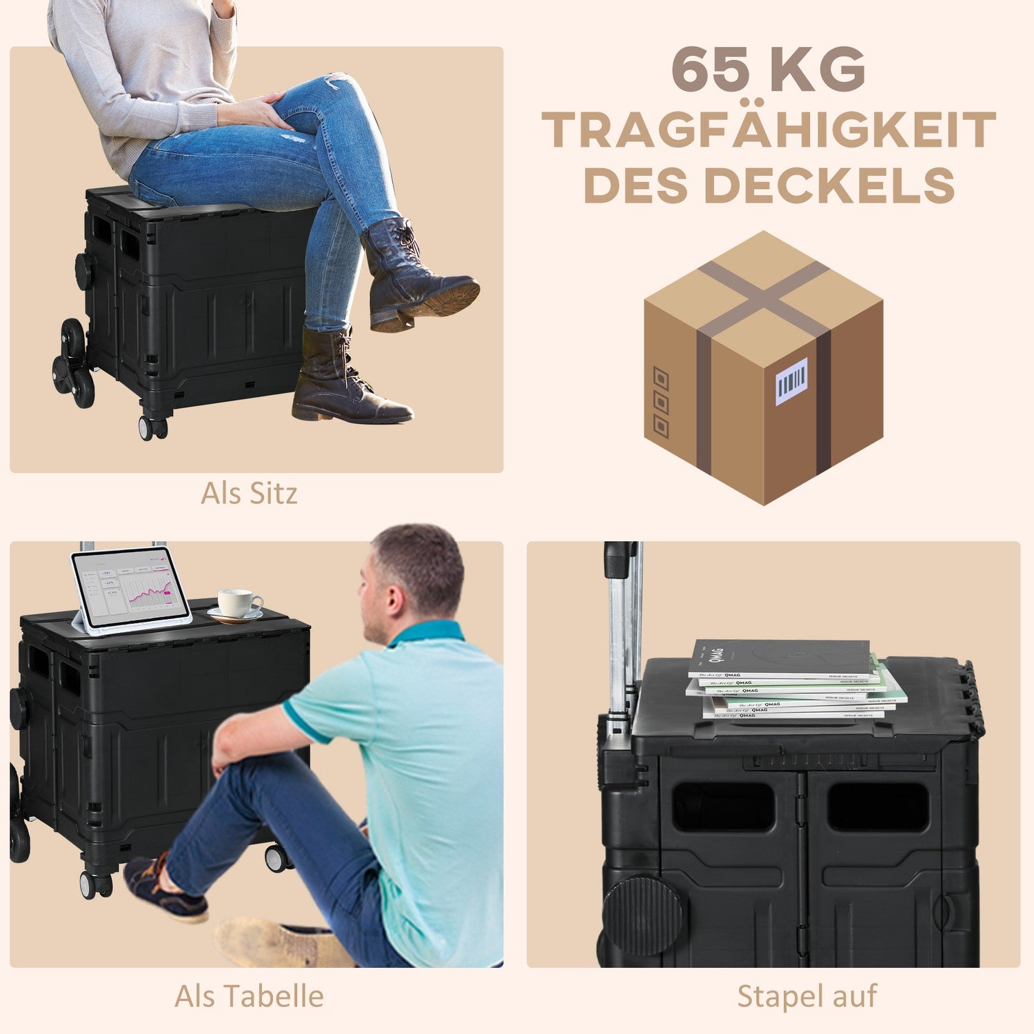 Hopfällbar shoppingvagn, 80 kg kapacitet, trappklättrare