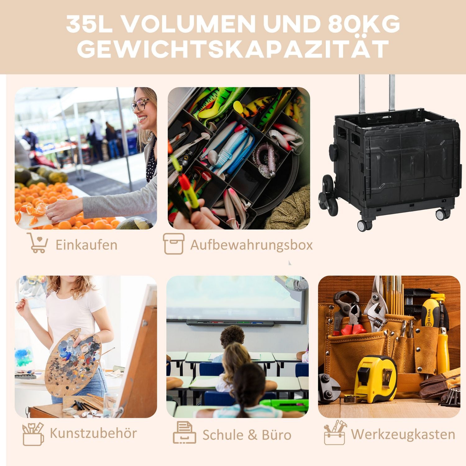 Hopfällbar shoppingvagn, 80 kg kapacitet, trappklättrare