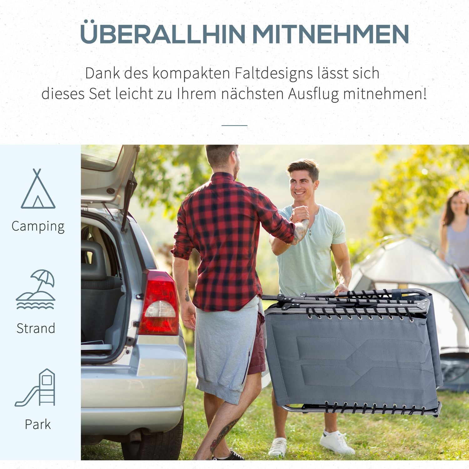 Hopfällbar solstol med kudde & sidficka, grå