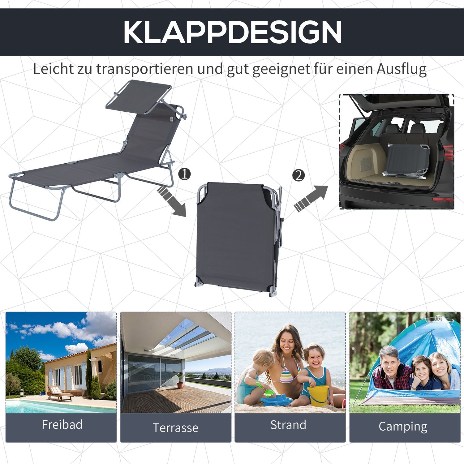 Hopfällbar solstol med solskydd, Grå - 187x58x36 cm