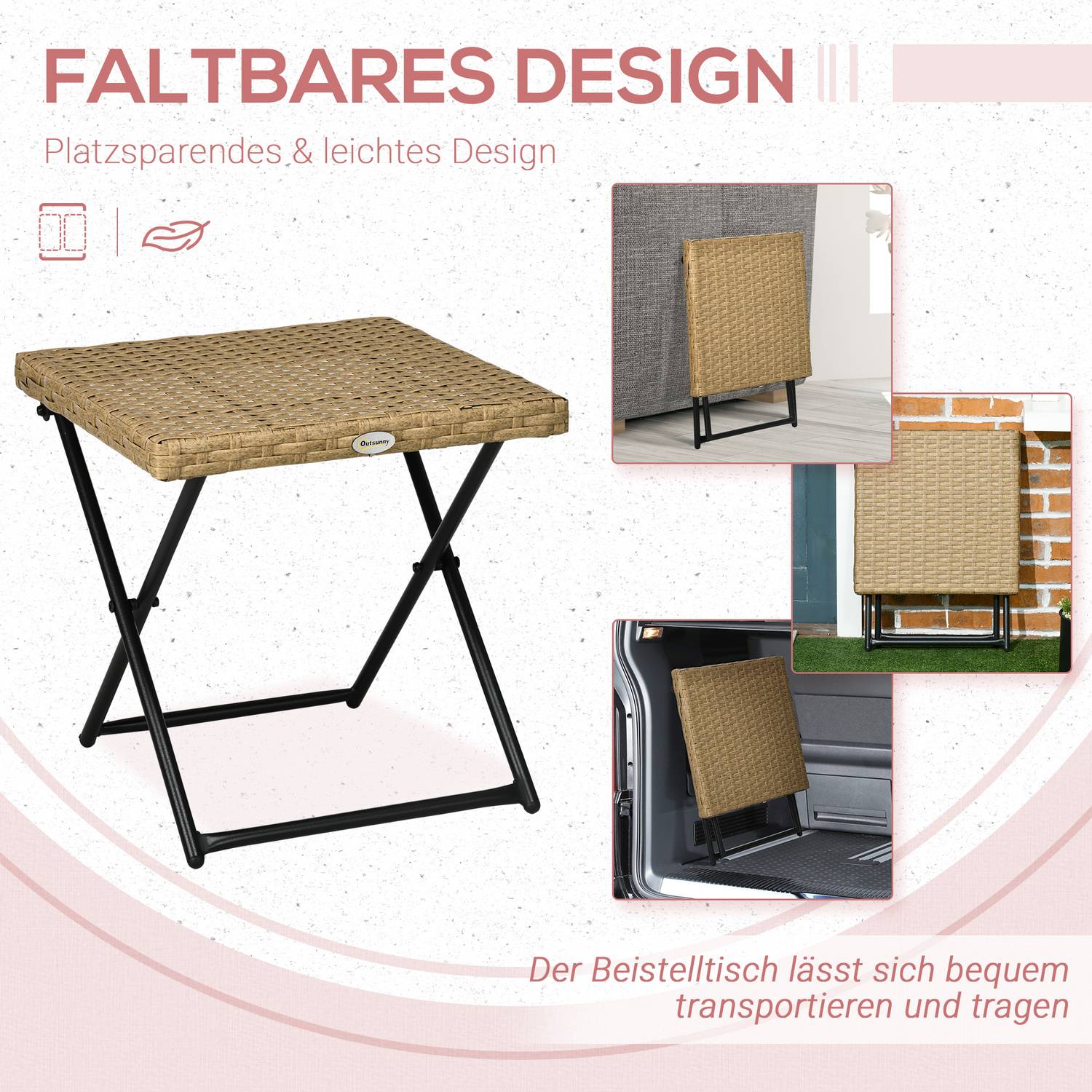 Hopfällbart trädgårdssidobord i polyrattan, metall, 40x40x40Cm