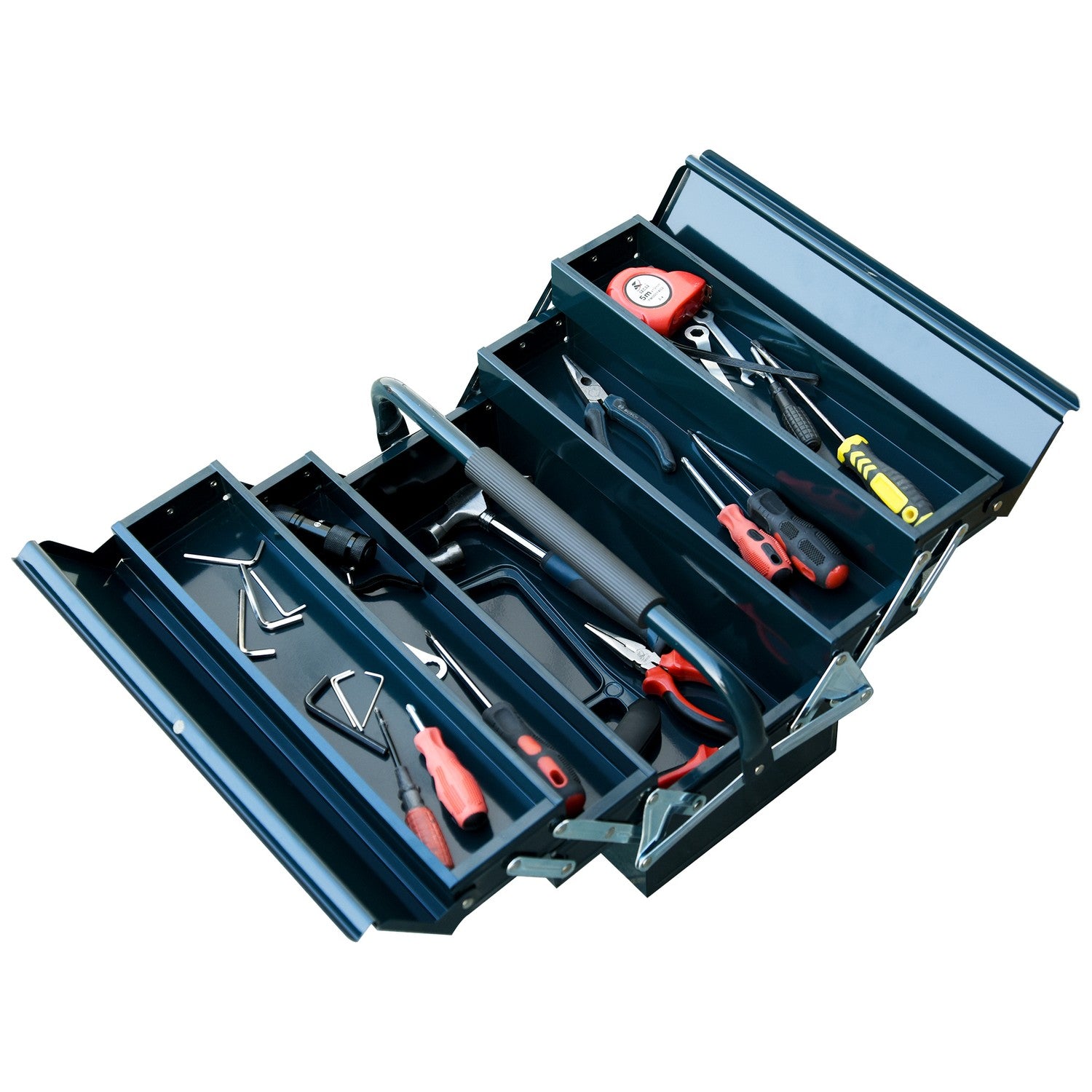 Hopfällbar verktygslåda i stål, 5 fack, mörkgrön, 57x21x41 cm