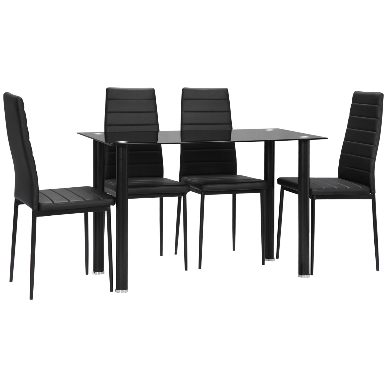 Härdat glas 5-delat matsalsset, bord och svarta stolar