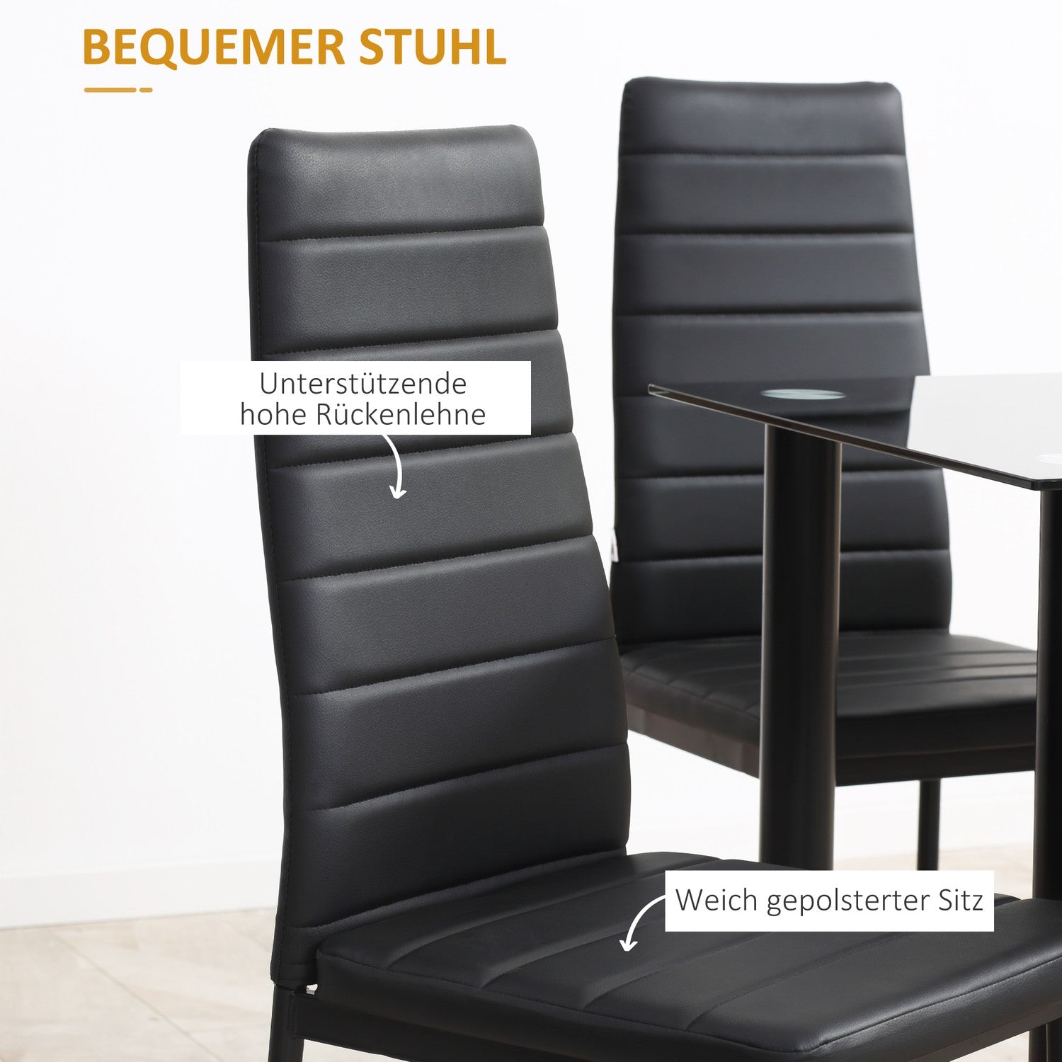 Härdat glas 5-delat matsalsset, bord och svarta stolar