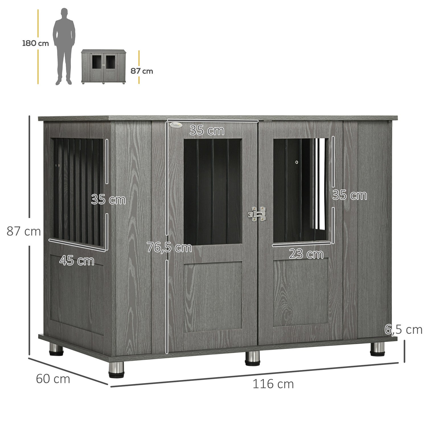 Extra stor inomhus hundkennel med lås – Grå, 116 x 60 x 87 cm