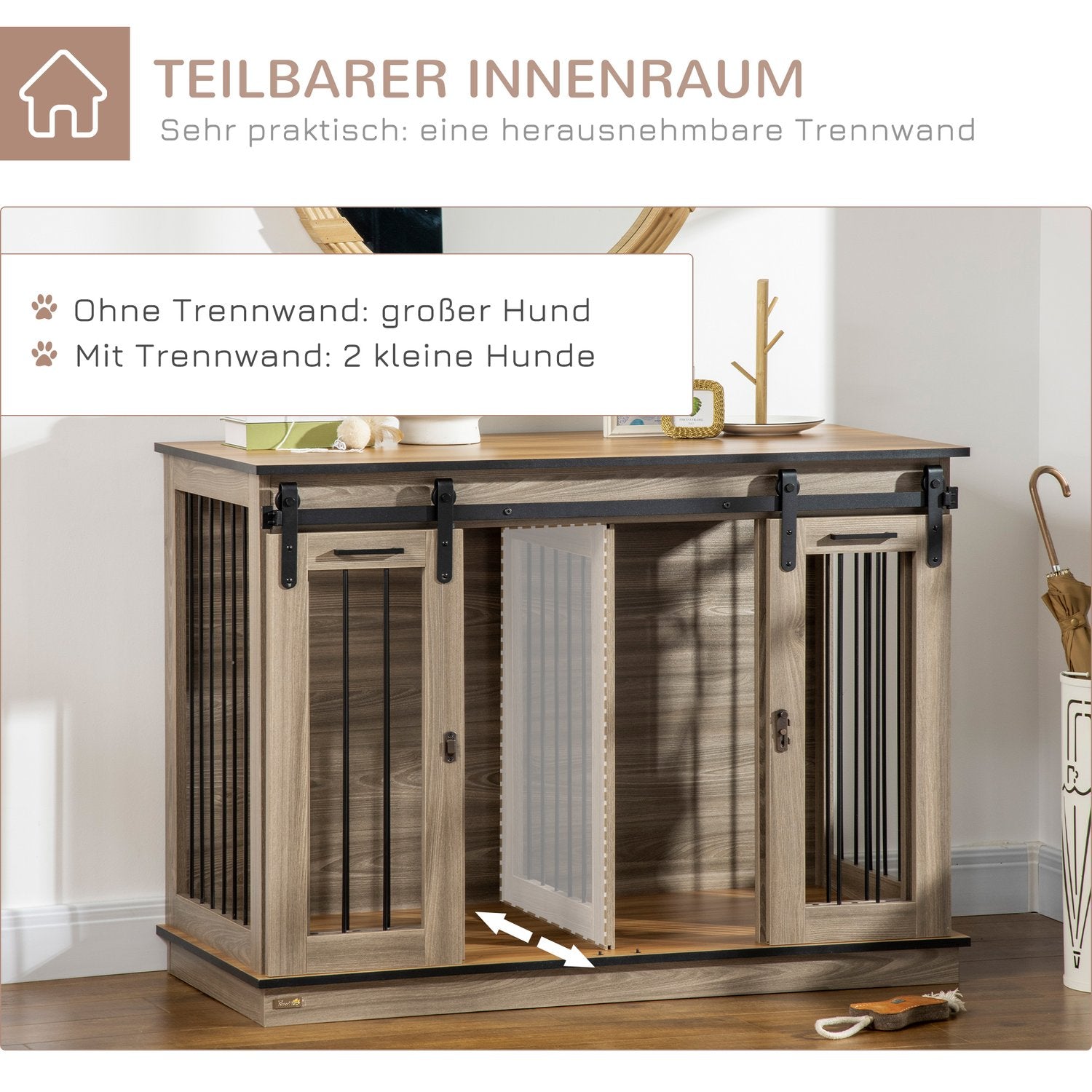 Hundlåda med dubbla dörrar, tvårumsalternativ, ekfinish
