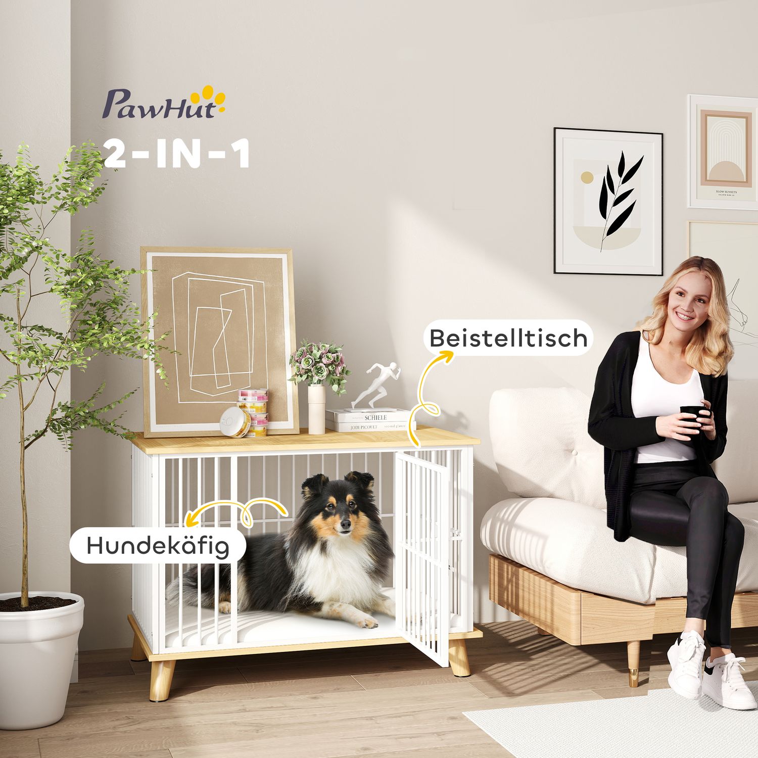 Medium hundbur med kudde och låsbar dörr, ek